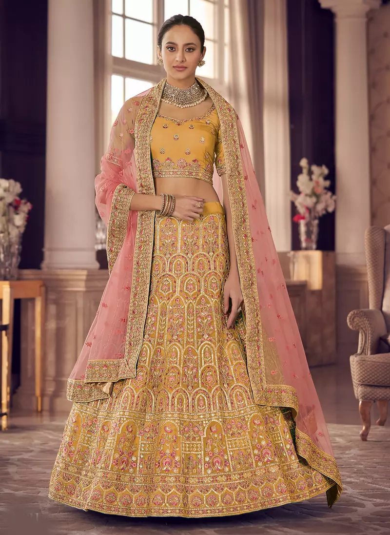 Yellow zarkan, gota and thread embroidered organza semi stitched lehenga