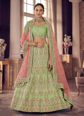 Light-green zarkan, gota and thread embroidered organza Semi Stitched Lehenga 1