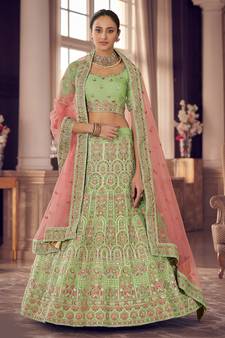 Light-green zarkan, gota and thread embroidered organza semi stitched lehenga