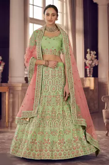 Light-green zarkan, gota and thread embroidered organza semi stitched lehenga