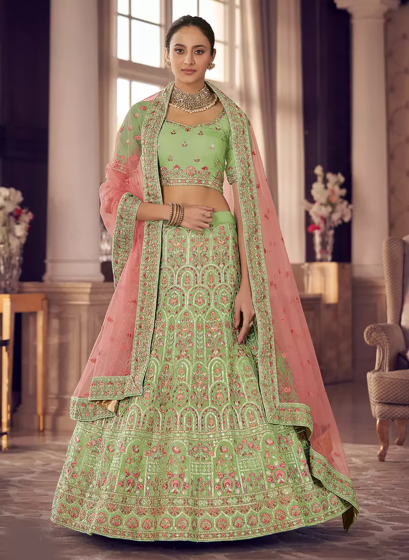 Light-green zarkan, gota and thread embroidered organza semi stitched lehenga