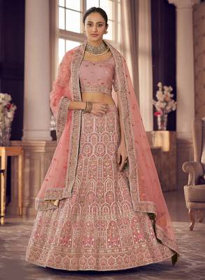 Peach zarkan, gota and thread embroidered organza Semi Stitched Lehenga 1