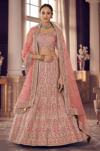 Peach zarkan, gota and thread embroidered organza semi stitched lehenga