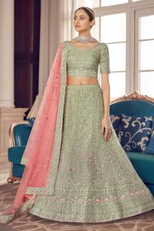 Light-green zarkan, zari and thread embroidered organza semi stitched lehenga