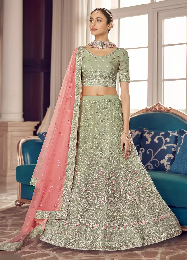 Light-green zarkan, zari and thread embroidered organza semi stitched lehenga