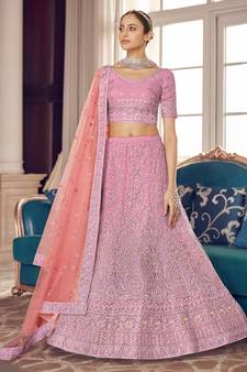 Pink zarkan, zari and thread embroidered organza semi stitched lehenga