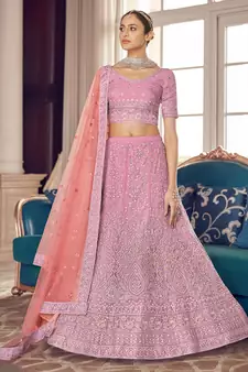 Pink zarkan, zari and thread embroidered organza semi stitched lehenga