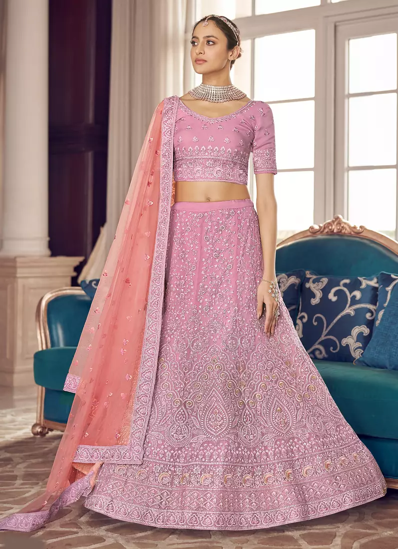 Pink zarkan, zari and thread embroidered organza semi stitched lehenga