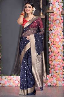 blue Blue Kora Organza Banarasi Silk Saree With Golden Border And Pallu