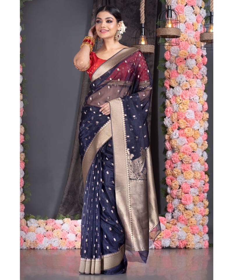 blue Blue Kora Organza Banarasi Silk Saree With Golden Border And Pallu