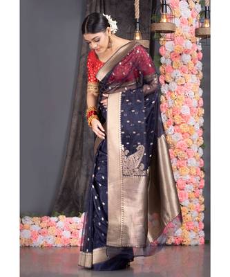 blue Blue Kora Organza Banarasi Silk Saree With Golden Border And Pallu 2
