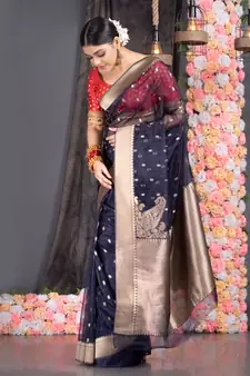 blue Blue Kora Organza Banarasi Silk Saree With Golden Border And Pallu