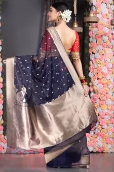 blue Blue Kora Organza Banarasi Silk Saree With Golden Border And Pallu