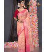 Tangerine Silk Organza Saree With Diagonal Stripes And Contrasting Zari Border