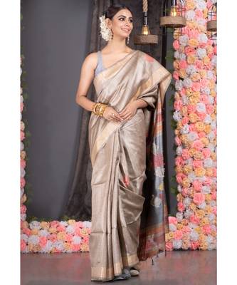 Sand Gold Pure Silk Dupion Saree With Choker Motifs And Grey Pallu 1