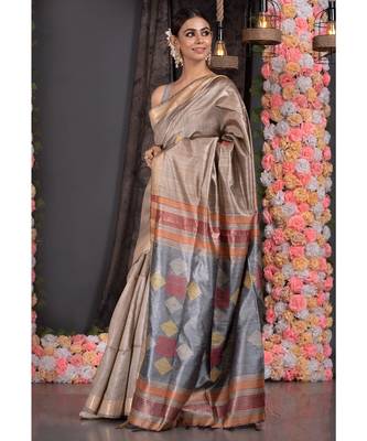 Sand Gold Pure Silk Dupion Saree With Choker Motifs And Grey Pallu 2