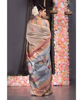 Sand Gold Pure Silk Dupion Saree With Choker Motifs And Grey Pallu 3