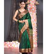 Bottle Green Banarasi Saree With Golden Border And Pallu