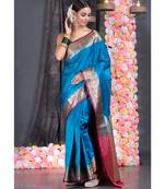 Peacock Blue Banarasi Saree With Golden Border And Pallu