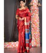 Brick Red Pure Silk Dupion Saree With Blue Border And Pallu