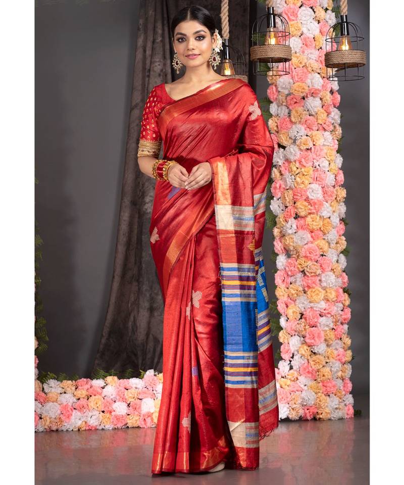 Brick Red Pure Silk Dupion Saree With Blue Border And Pallu