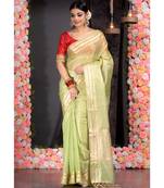 Green Zari Organza Silk Chanderi Saree With Golden Border And Pallu