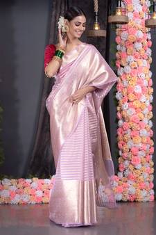 Dusky Pink Silk Organza Saree With Golden Zari Stripe And Pallu Border