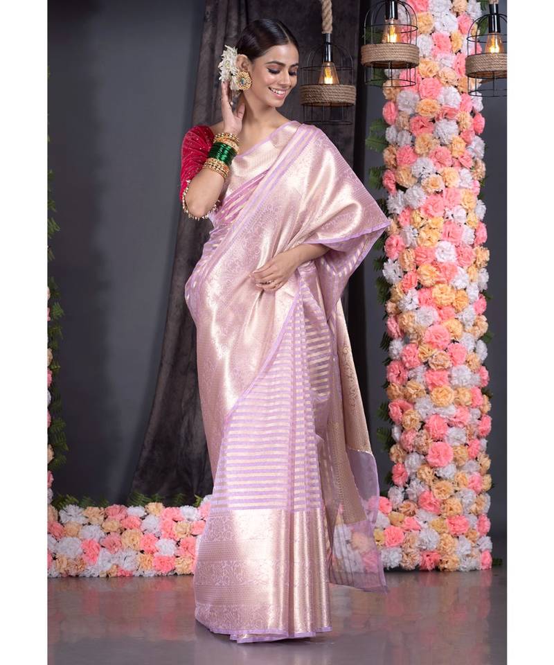 Dusky Pink Silk Organza Saree With Golden Zari Stripe And Pallu Border