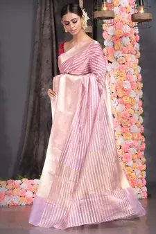Dusky Pink Silk Organza Saree With Golden Zari Stripe And Pallu Border