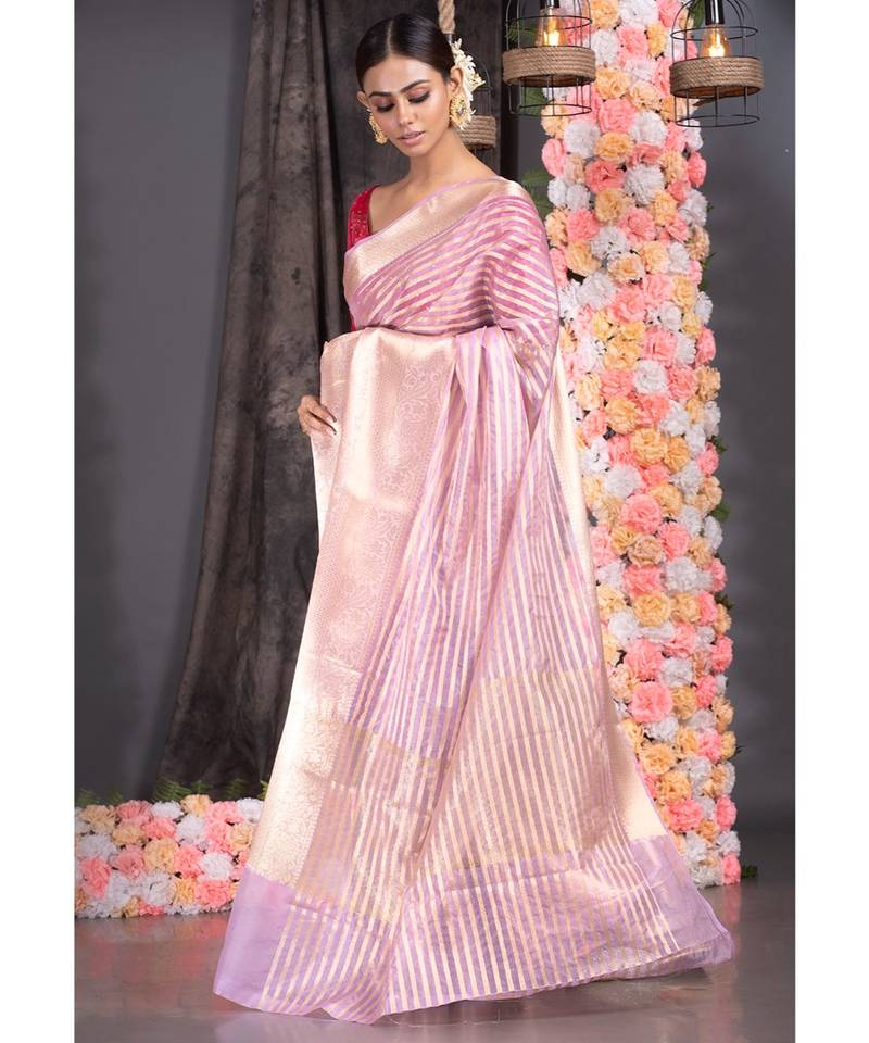 Dusky Pink Silk Organza Saree With Golden Zari Stripe And Pallu Border