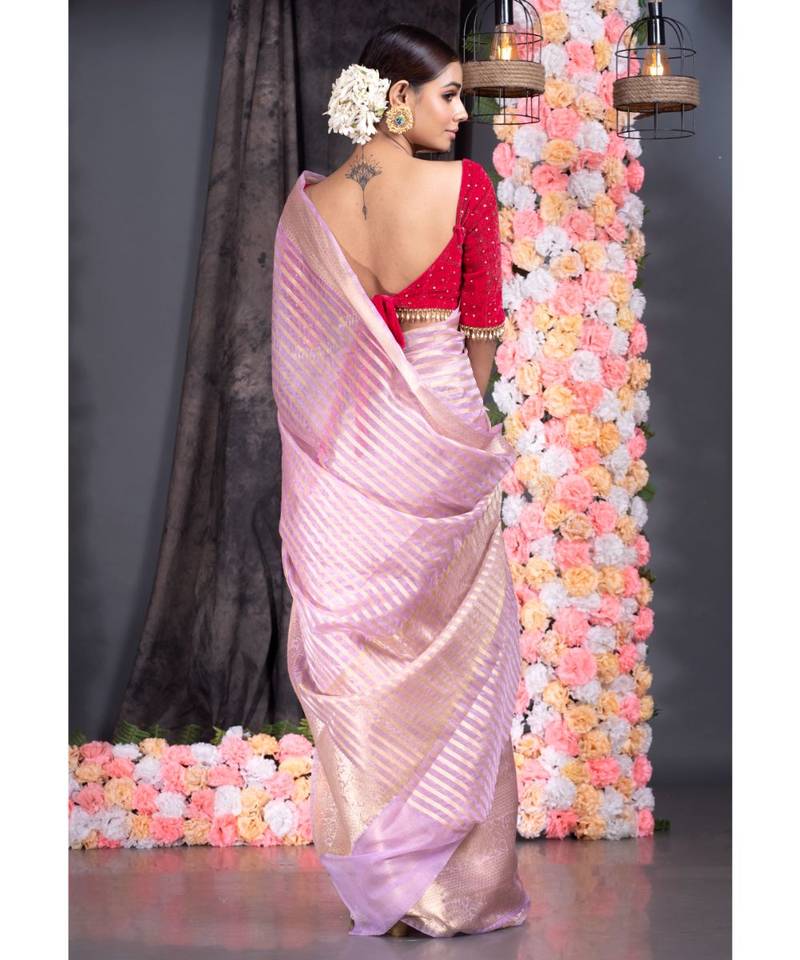 Dusky Pink Silk Organza Saree With Golden Zari Stripe And Pallu Border