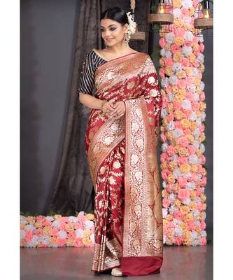 Maroon Banarasi Silk Katan Saree With Sunflower Booti Zari Border Pallu 1