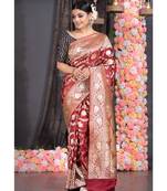 Maroon Banarasi Silk Katan Saree With Sunflower Booti Zari Border Pallu