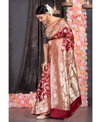 Maroon Banarasi Silk Katan Saree With Sunflower Booti Zari Border Pallu 2