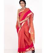 Fire Orange Dual Color Pure Chanderi Silk Saree With Golden Zari Booti And Pallu