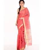 Crimson Red Pure Chanderi Silk Saree With Zari Border And Pallu