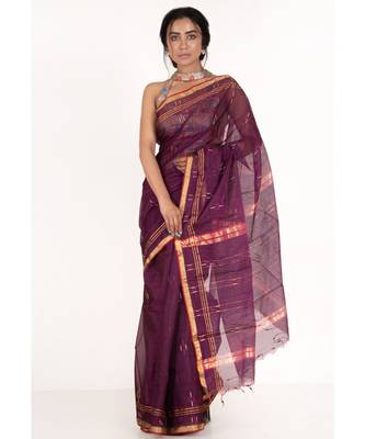 Wine  Chanderi silk blend Saree With Multicolor Woven Lines And Border 1