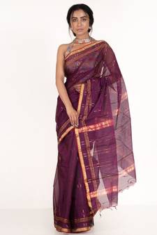 Wine Pure Chanderi Silk Saree With Multicolor Woven Lines And Border