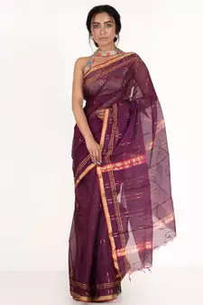 Wine Pure Chanderi Silk Saree With Multicolor Woven Lines And Border