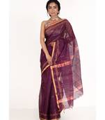 Wine Pure Chanderi Silk Saree With Multicolor Woven Lines And Border