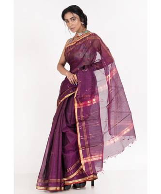Wine  Chanderi silk blend Saree With Multicolor Woven Lines And Border 2
