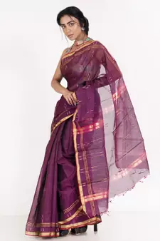 Wine  Chanderi silk blend Saree With Multicolor Woven Lines And Border