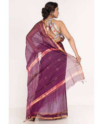 Wine  Chanderi silk blend Saree With Multicolor Woven Lines And Border 3