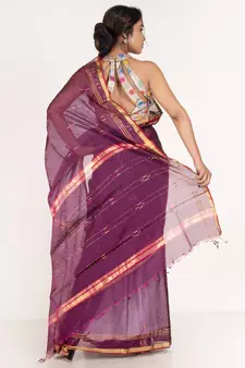 Wine  Chanderi silk blend Saree With Multicolor Woven Lines And Border