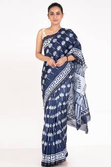 Indigo Cotton Silk Chanderi Saree With Kaner Motifs