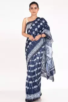 Indigo Cotton Silk Chanderi Saree With Kaner Motifs