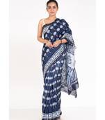 Indigo Cotton Silk Chanderi Saree With Kaner Motifs