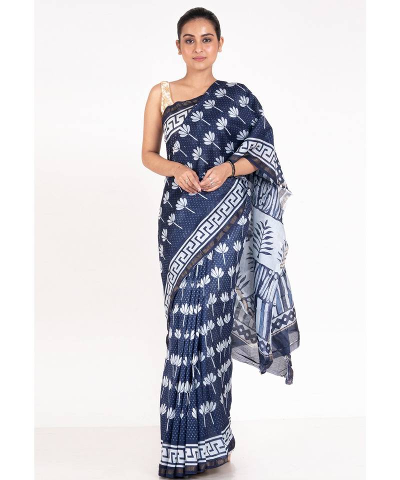 Indigo Cotton Silk Chanderi Saree With Kaner Motifs