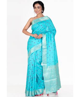 Blue Pure Silk Bandhej Saree With Woven Zari Border And Pallu 1