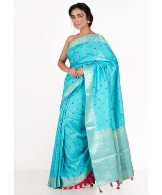 Blue Pure Silk Bandhej Saree With Woven Zari Border And Pallu 2